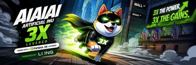A digital banner advertisement shows a Shiba Inu dog wearing a green cape and mask running through a city street, with the text 'AIAIAI ARTIFICIAL INU', '3X LEVERED', and '3X THE POWER. 3X THE GAINS.'
