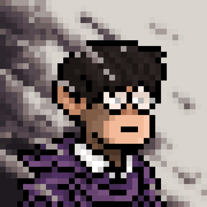A heavily pixelated and blurred portrait image of a person with dark hair wearing a purple shirt, making it difficult to discern clear details.