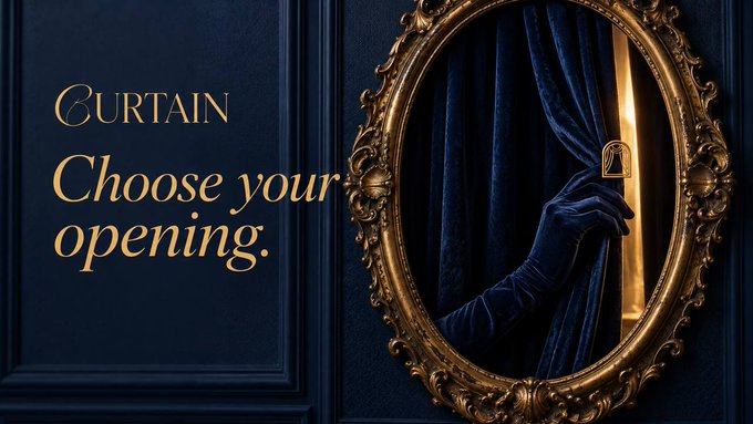 A dark blue promotional image features gold script text reading 'CURTAIN Choose your opening.' next to an ornate gold mirror reflecting a gloved hand holding a key against a velvet curtain.