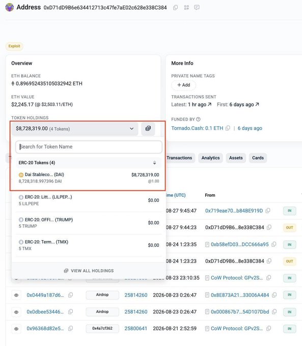 A blockchain explorer screenshot displays an Ethereum address (0x071dD9B6e634412713c47fe7aE02c628e338C384) holding $8,728,319 worth of DAI tokens, linking the wallet to the reported $8.7M Moonwell exploit. The "Exploit" tag and Tornado Cash funding source (6 days ago) match the post's description of an attacker draining assets through manipulated collateral.