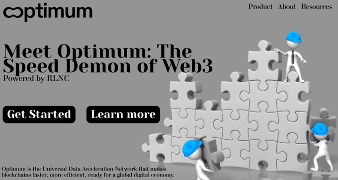 The image features a poster for an optimization platform called "Optimum" that aims to speed up the internet by using a decentralized protocol called Web3. The poster includes a 3D rendering of people working together, with one person holding a puzzle piece in their hand and another standing on top of it. The text on the poster highlights how the optimized network can reduce congestion and lower latency, making it faster for data to travel across the globe.