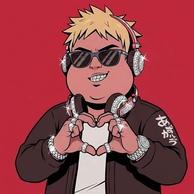A cartoon illustration of a chubby blonde character making a heart shape with diamond-encrusted hands, wearing sunglasses, jeweled headphones, a black jacket with Japanese text 'あぶら' (abura/grease), and diamond watches and rings, against a red background.