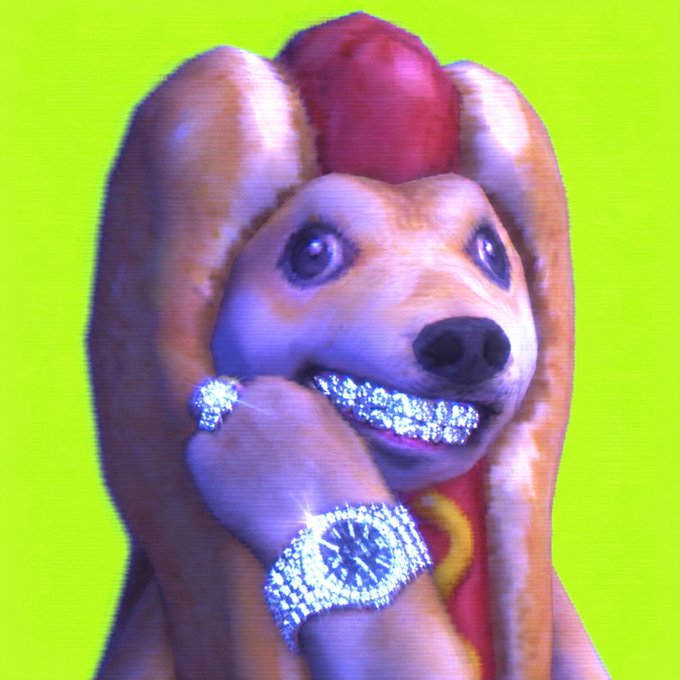 A close-up photograph of a Shiba Inu dog with its paws near its face, adorned with a flashy diamond ring on its finger and a large diamond bracelet on its wrist, set against a bright green background.
