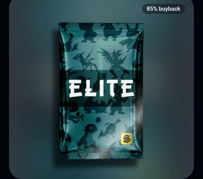 A teal-colored digital trading card pack labeled 'ELITE' with silhouettes of various creatures on its surface and an '85% buyback' tag in the corner.