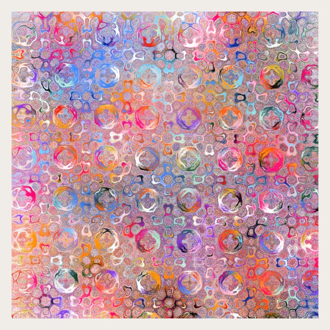 A repeating abstract pattern of multicolored, textured circular and cross-like shapes on a pinkish background.