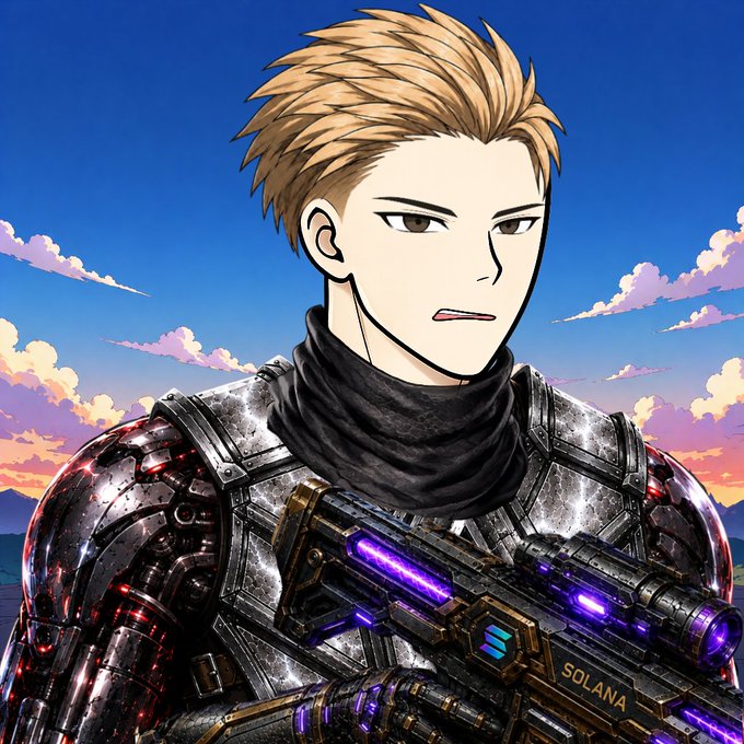 An anime-style character illustration of a blonde-haired warrior wearing metallic armor and a black scarf, holding a futuristic rifle with purple glowing components labeled 'SOLANA' against a sunset sky.