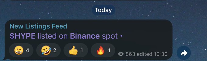 A Telegram message notification showing a 'New Listings Feed' announcement that '$HYPE listed on Binance spot' with 863 views.