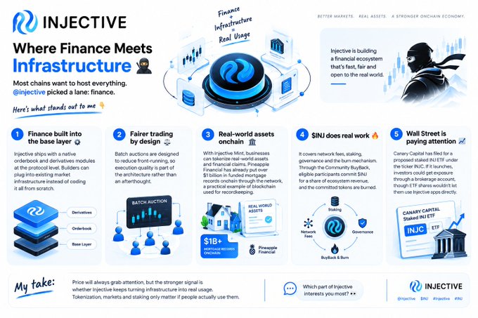 An Injective blockchain infographic titled 'Where Finance Meets Infrastructure' explaining five ecosystem pillars: base layer, fairer trading, real-world assets, $INJ tokenomics, and Wall Street/Canary Capital staking.