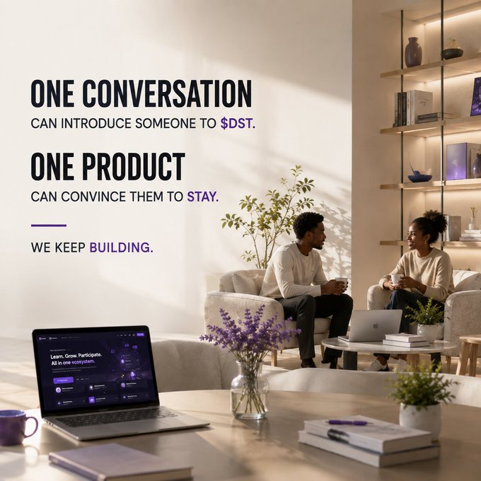 A promotional advertisement featuring two people having a conversation on a couch with text reading 'ONE CONVERSATION CAN INTRODUCE SOMEONE TO $DST. ONE PRODUCT CAN CONVINCE THEM TO STAY. WE KEEP BUILDING.'