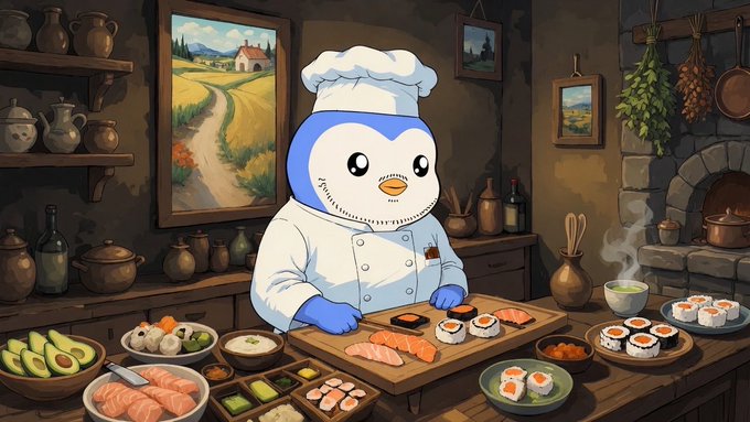 A blue penguin wearing a chef's hat and white coat prepares sushi in a cozy, rustic kitchen filled with wooden shelves, pots, and hanging dried herbs, surrounded by plates of fresh avocado, salmon, and assorted sushi rolls.

The image cleverly mirrors the post's "who's cooking some interesting content?" line with its sushi-making chef penguin, while the cozy, ingredient-laden kitchen parallels the post's "another day in the trenches" sentiment—suggesting the creator is hard at work crafting fresh content despite a slow timeline.