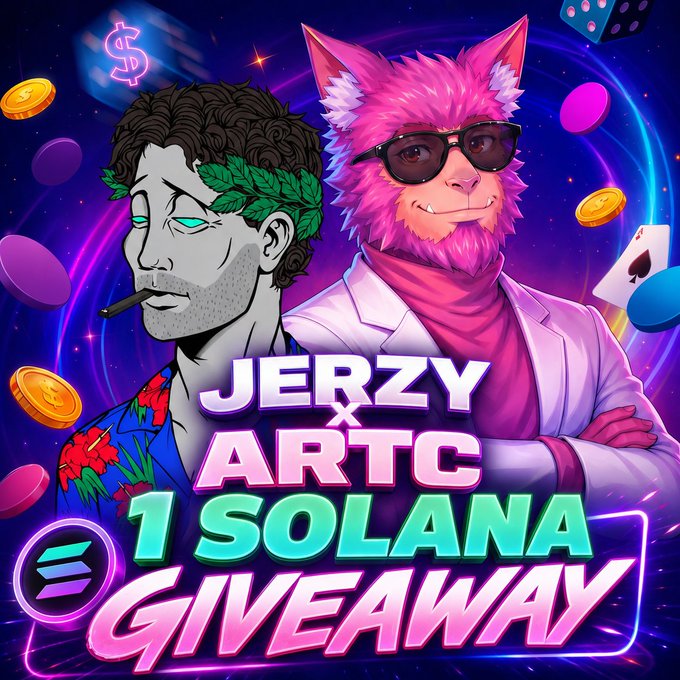 Vibrant promotional graphic for the "Jerzy x ArtC 1 Solana Giveaway," featuring illustrated cartoon avatars of the two hosts—a gray-skinned man with a laurel wreath and a pink wolf wearing sunglasses—surrounded by floating casino chips, coins, dice, and cards, with bold neon text announcing the prize amount.