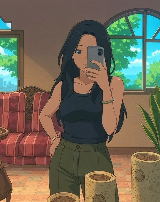 An illustration in Studio Ghibli style shows a dark-haired woman taking a mirror selfie with her phone, wearing a black tank top and olive green pants in a room with a striped sofa and arched windows.