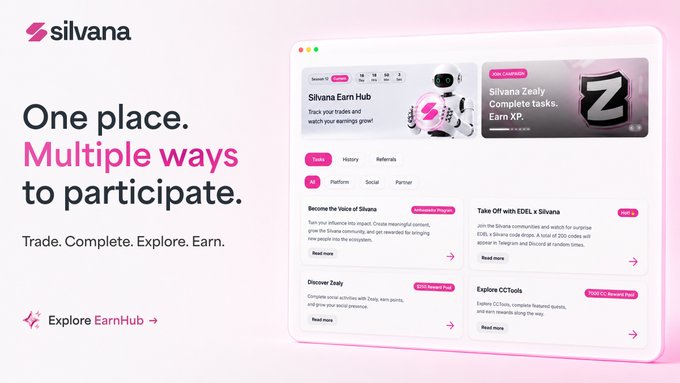 A promotional graphic for Silvana features the logo and tagline "One place. Multiple ways to participate. Trade. Complete. Explore. Earn." alongside a screenshot of the Silvana Earn Hub interface.
