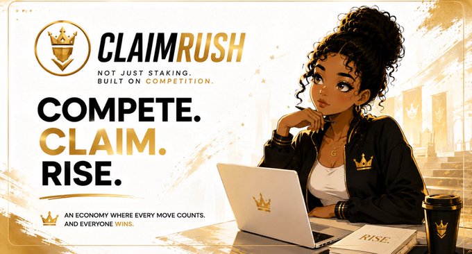 Promotional banner for 'ClaimRush' advertising a competitive claiming economy with the tagline 'Complete. Claim. Rise.' featuring an illustrated woman at a laptop.