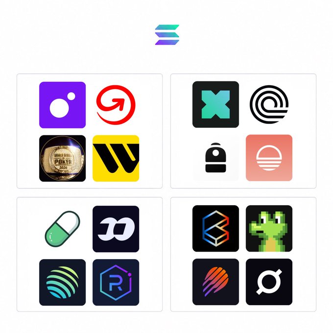 A promotional graphic featuring a four-quadrant layout of various app and crypto icons, including a purple logo, a red 'G' symbol, an 'X' mark, and a green pixel-art dinosaur.