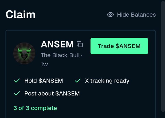 A user interface showing a completed "Claim" task for the $ANSEM token (titled "The Black Bull"), displaying all 3 of 3 tasks checked off—Hold $ANSEM, Post about $ANSEM, and X tracking ready—with a green "Trade $ANSEM" button. The image visually reinforces the post's instructions for qualifying for the $ANSEM airdrop by completing the three required steps on BullpenFi.