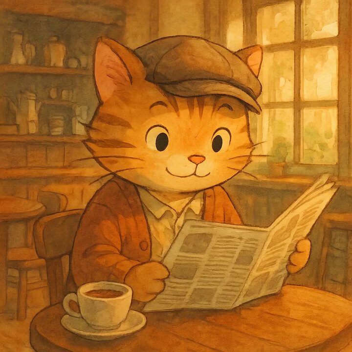 The image features a cartoon cat sitting at a table, reading a newspaper with its paws on top of the paper. There are two cups visible in the scene - one near the bottom left corner and another towards the center right side. The background includes a window that allows natural light into the room, creating an inviting atmosphere for the cat's afternoon tea time.