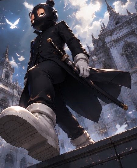 An anime-style illustration of a character wearing a dark uniform with a white mask and goggles, standing on a rooftop with a sword while overlooking a grand gothic-style building and a cloudy sky.