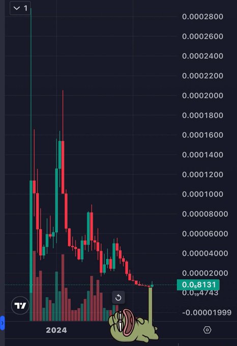 A crypto chart displays a declining trend, marked by the year 2024 at the bottom, and a current price of 0.00008131. The image visually represents the "M1 chart" mentioned in the post, suggesting a current low point in the market cycle which supports the message of "BUIDLing" for future growth on PulseChain.