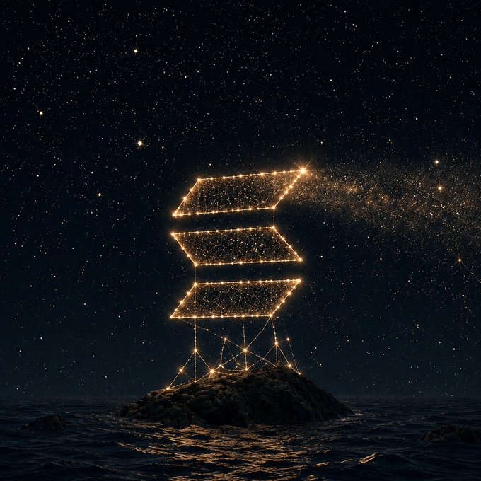 A glowing, star-speckled "S" sign made of golden light hovers above a rocky outcropping rising from dark, rippling waters, with a trail of stars streaming off to the right against a star-filled background.