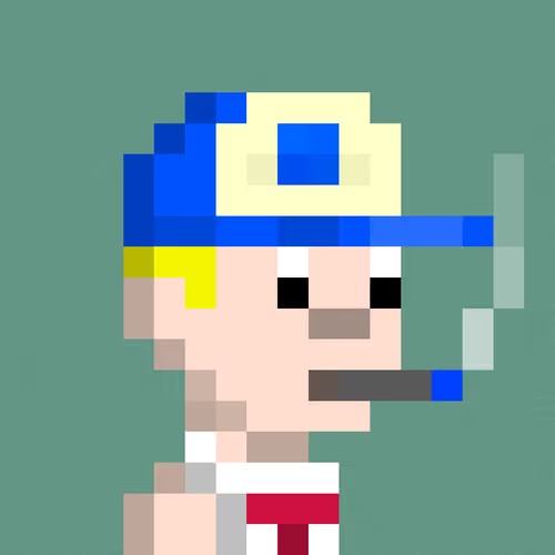 A pixel art character depicting a person wearing a blue and yellow cap, with a cigarette in their mouth, holding a pipe, set against a teal background.
