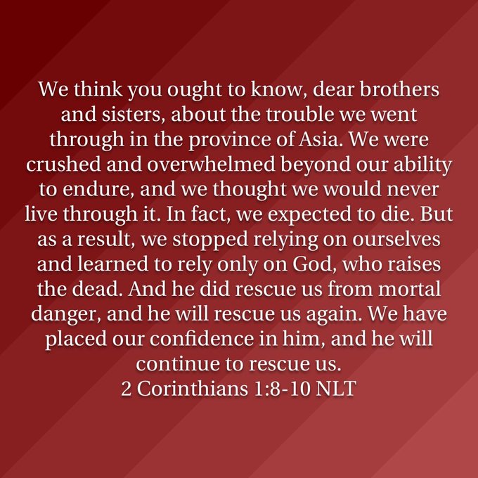 A red graphic displaying a Bible verse from 2 Corinthians 1:8-10 NLT about relying on God who rescues from mortal danger.