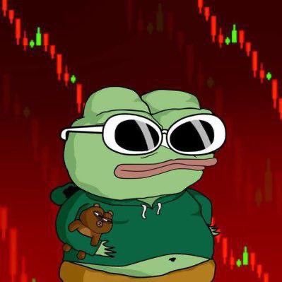 A cartoon Pepe the Frog wearing sunglasses and a green hoodie clutches a small teddy bear against a dark red background of descending stock candles, visually reinforcing the post's message that $PEPE is anticipating an incoming bullish "green god candle."