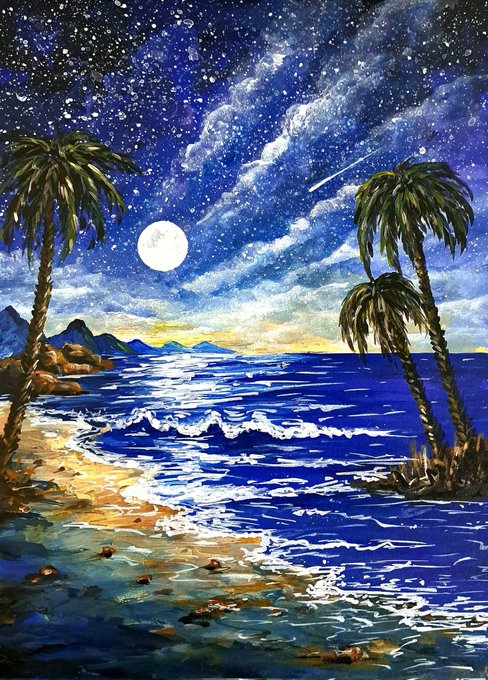 The image features an oil painting of a beach scene with palm trees, ocean waves, and a full moon. The painting captures the beauty of nature at dusk or dawn, creating a serene atmosphere. The artist has used vibrant colors for the sky and water, making the scene come alive. The post includes text that reads "Morning my fam Have a great day" and "Moonlit Serenity", which adds to the overall theme and mood of the painting.