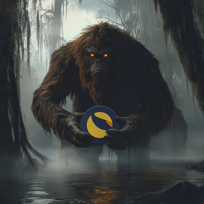The image features a large, dark-skinned gorilla holding a blue frisbee with an orange circle on top of its head. The gorilla appears to be standing in front of water, possibly a river or lake, which adds to the overall atmosphere of the scene. The caption "When the Swamp King Discovers Terra Classic $LUNC" suggests that this image might be related to a post about a video game called Terra Classic, featuring a character named The Swamp King who is known for his love of frisbee games in a swampy environment.