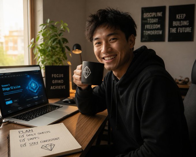A smiling young man in a black hoodie sits at a desk holding a mug with an Ethereum logo, surrounded by motivational posters reading 'DISCIPLINE TODAY FREEDOM TOMORROW' and 'KEEP BUILDING THE FUTURE', with a 'PLAN' checklist and laptop showing 'Season 3 Stage 12 is Live'.