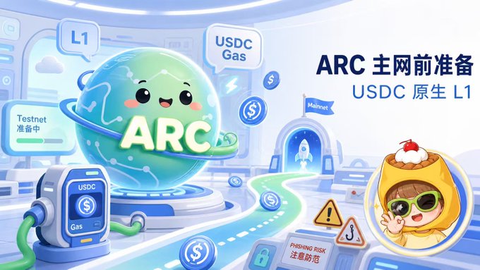 A promotional graphic for ARC mainnet with the text 'ARC 主网前准备 USDC 原生 L1' and 'Testnet 准备中,' featuring a cute cartoon globe mascot and a child character in a yellow hood.