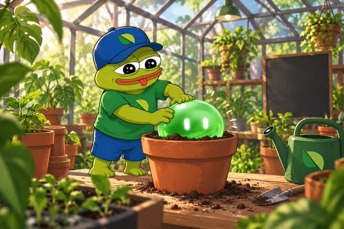 A cartoon frog wearing a blue cap and green shirt tends to a glowing green crystal in a terracotta pot inside a greenhouse filled with various plants.