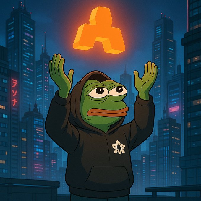 A cartoon Pepe the Frog character in a black hoodie holds up a glowing orange Robux-style logo against a dark city skyline with Japanese signage.