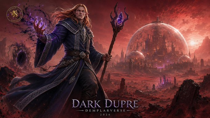 A fantasy illustration titled 'DARK DUPRE - DEMPLAVERSE - 2026' depicting a sorcerer with long blonde hair wielding purple magic and a staff in a red, apocalyptic landscape.