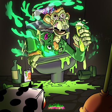 A mutant monkey swigging a green serum bottle above a toilet in a chaotic, neon-lit scene that ties into the post's reference to "Mutants" and "serum drunk apes," celebrating the Bored Ape-style NFT community with an "insane to the core" birthday vibe.