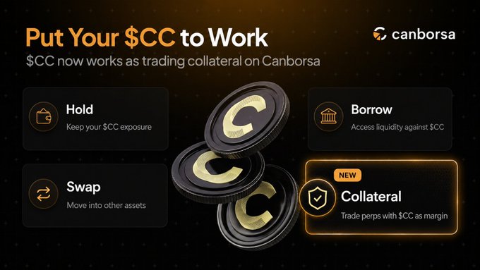 A promotional graphic for Canborsa titled "Put Your $CC to Work," showing that $CC tokens can now be used as trading collateral, with four options: Hold, Borrow, Swap, and a highlighted new Collateral feature for trading perps with $CC as margin.

The image supports the post by visually showcasing Canborsa's new utility for its native $CC token—specifically the "Collateral" feature allowing traders to use $CC as margin for perpetual futures trading—giving a concrete, practical reason for the ambassador's bullish outlook on the platform beyond just "holding and waiting."