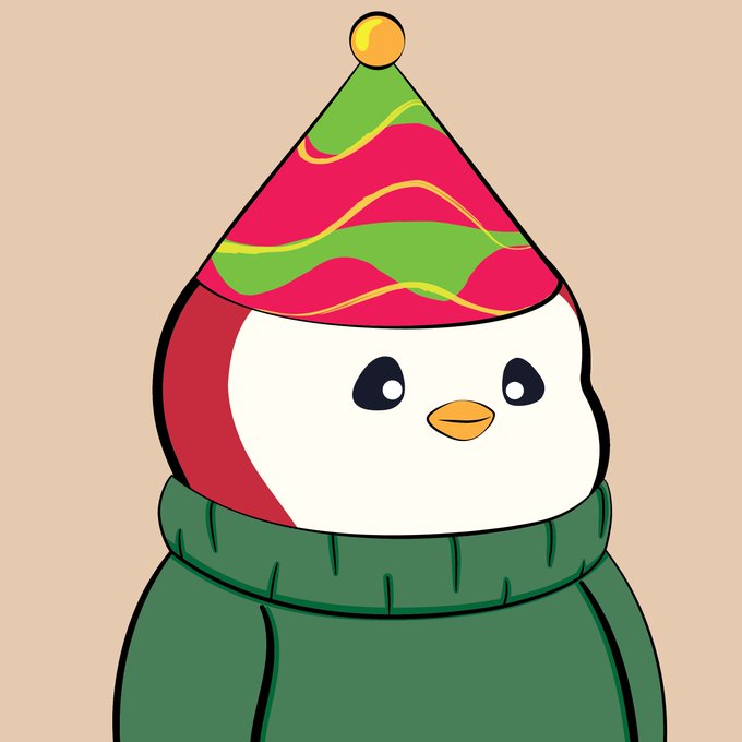 A cute cartoon penguin wearing a festive red and green party hat with a green sweater appears alongside a social media post announcing the purchase of Pudgy Penguin #3292 for 3.819 ETH on Blur, with the festive attire likely celebrating the holiday season.