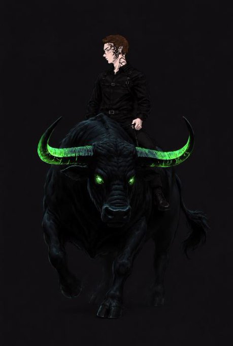 A dark fantasy digital illustration of a person riding a black bull with glowing green horns and eyes against a black background.