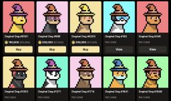 A grid of colorful pixel-art wand images displays various designs in pastel-colored panels, resembling NFT collectibles or digital art assets. The post's reference to "Wizard Doginal Dogs" and "DDNYC2026" suggests these wands may be part of a magical-themed NFT collection pipeline, with the whimsical, vintage-style graphics evoking a sense of wizardry and fantasy.