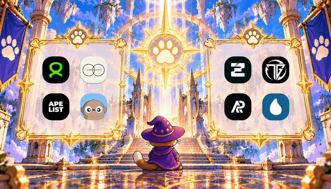 A digital fantasy illustration features a small cat wearing a purple wizard hat sitting before a golden archway, flanked by two panels displaying various tech and app logos, including "APELIST".