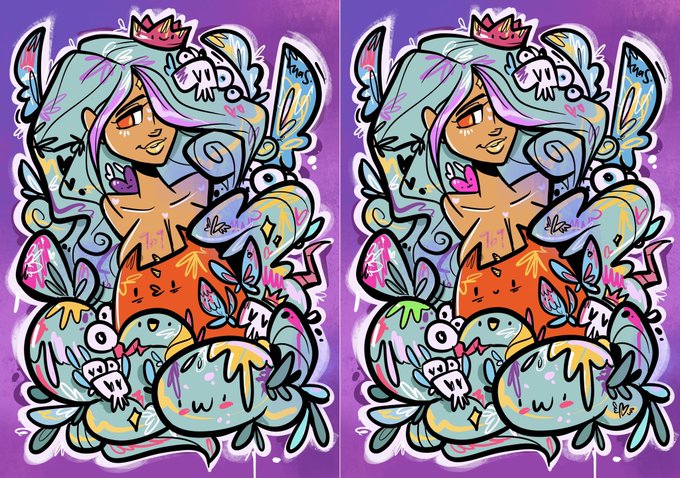 Two side-by-side copies of a colorful, graffiti-style illustration depicting a character with flowing teal hair and a crown, surrounded by whimsical creatures on a purple background.