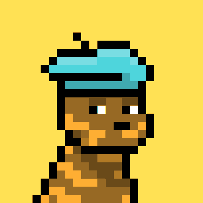 A pixel art image depicting a character wearing a teal headwrap on a solid yellow background.