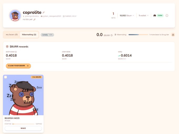 A screenshot of a cryptocurrency profile page for user 'coprolite' displaying SBURR rewards of 0.4018, a claimable amount of 0.4018, and a daily rate of 0.6014, alongside a 'BEARISH #4029' NFT card featuring a sleeping bear.
