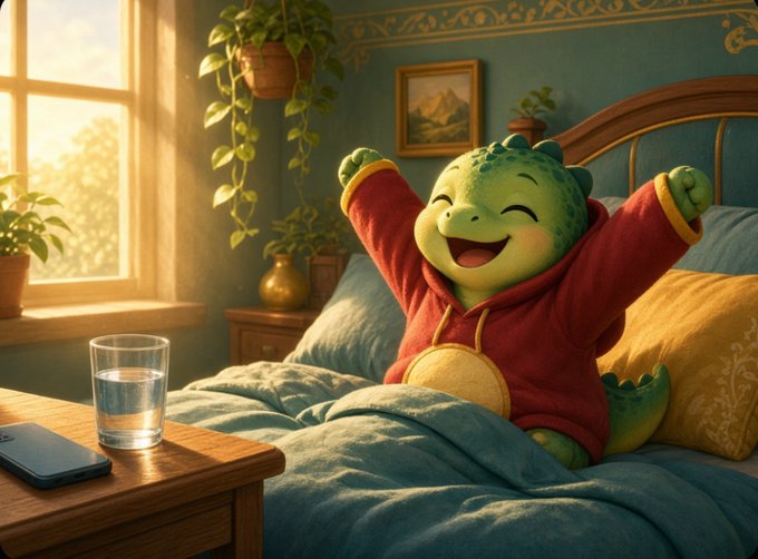 A digital illustration shows a cheerful green dinosaur character in a red hoodie stretching happily in bed, with a glass of water and a smartphone on a nearby nightstand.
