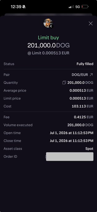 Mobile screenshot showing a fully filled limit buy order for 201,000 DOG tokens at 0.000513 EUR per DOG on the DOG/EUR pair, costing 103.113 EUR plus 0.4125 EUR fee, executed on July 1, 2026.