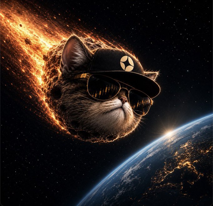 A cat wearing a cap with a logo and sunglasses rides a fiery meteor through space above Earth, symbolizing the "moon" trajectory the referenced CA token aims to reach on Aster DEX.