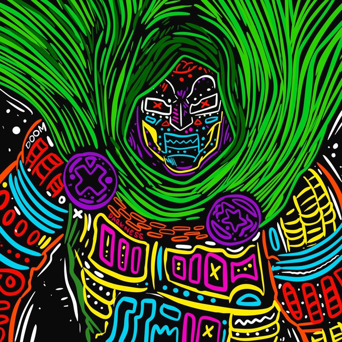 A vibrant, psychedelic illustration features a tribal mask-like face with neon colors surrounded by flowing green hair, with text including 'DOOM' and 'DARKNESS'.