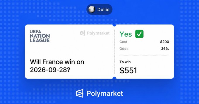 Polymarket betting slip on whether France will win on 2026-09-28 in the UEFA Nations League, showing a 'Yes' position at 36% odds for $551 to win.