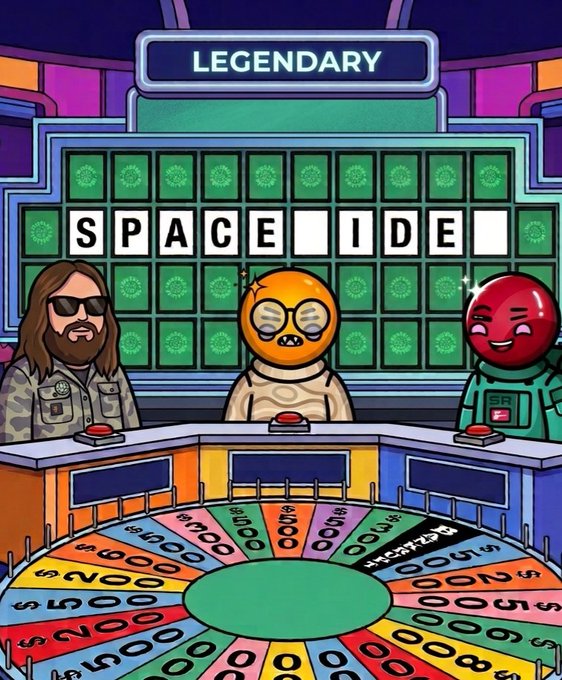 A cartoon Wheel of Fortune-style game show scene featuring three characters including a man in camo with sunglasses and a Spacecoin mascot, with the board spelling out 'SPACEIDE' under a 'LEGENDARY' header.