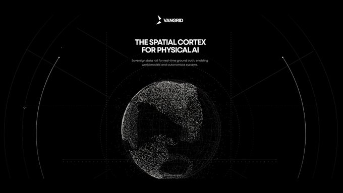 A black promotional graphic with "VANGRID" logo and text "THE SPATIAL CORTEX FOR PHYSICAL AI" featuring a digital sphere made of particles.